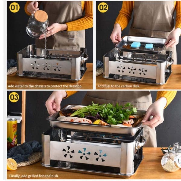 2X 40CM Portable Stainless Steel Outdoor Chafing Dish BBQ Fish Stove Grill Plate - Image 9