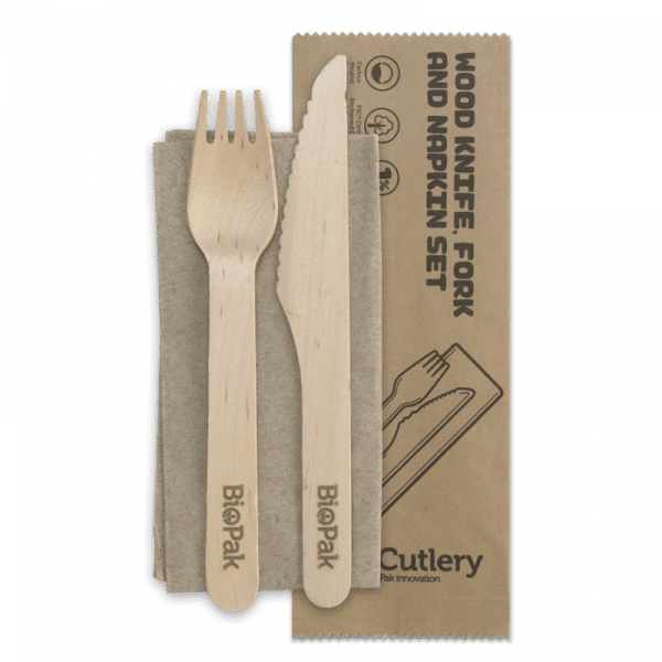 Biopak 16cm Coated Wood Knife, Fork & Napkin Set 400pcs
