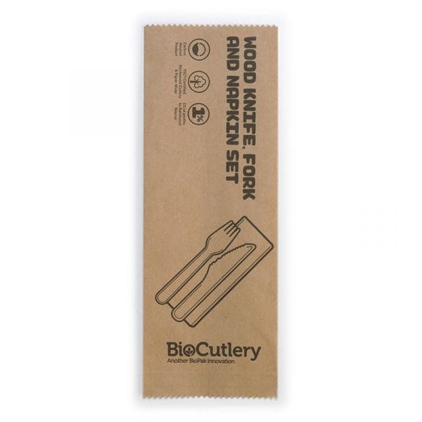 Biopak 16cm Coated Wood Knife, Fork & Napkin Set 400pcs - Image 3