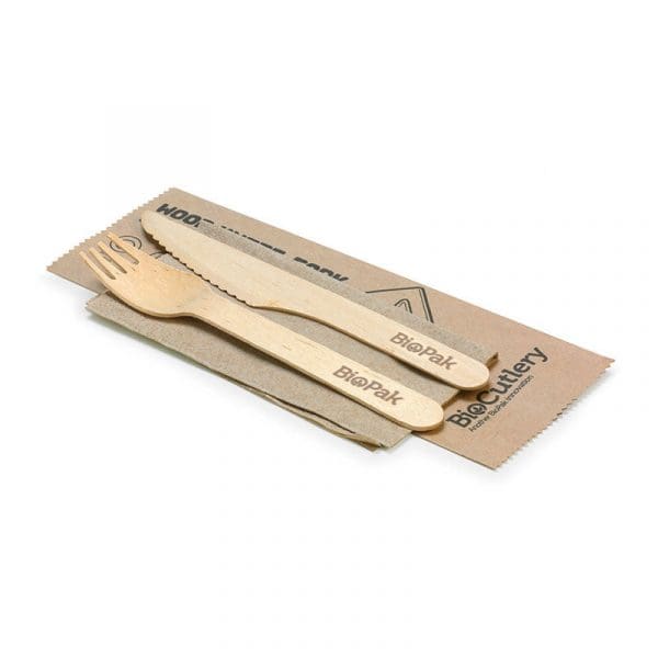 Biopak 16cm Coated Wood Knife, Fork & Napkin Set 400pcs - Image 2
