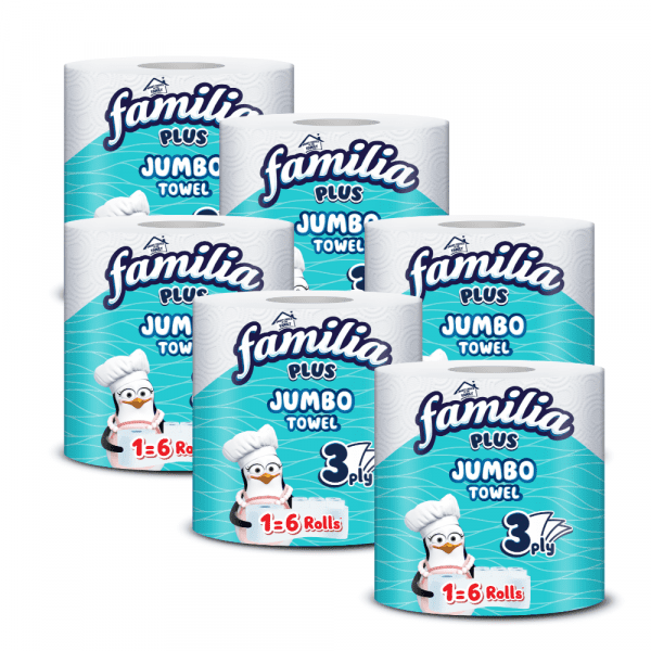6 x Familia 3ply Embossed Perforated Jumbo Kitchen Roll Towel 480 Sheets