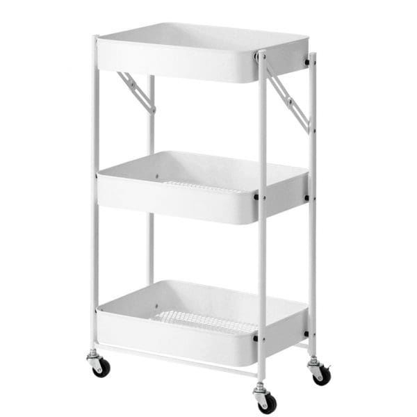 SOGA 3 Tier Steel White Foldable Kitchen Cart Multi-Functional Shelves Portable Storage Organizer with Wheels