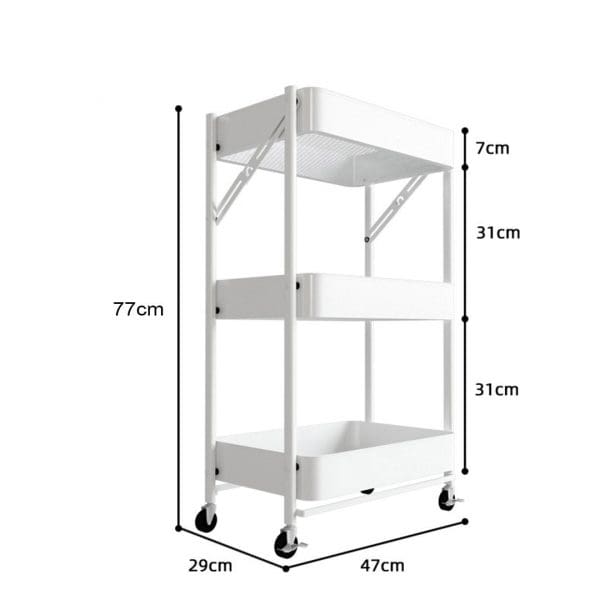 SOGA 3 Tier Steel White Foldable Kitchen Cart Multi-Functional Shelves Portable Storage Organizer with Wheels - Image 2