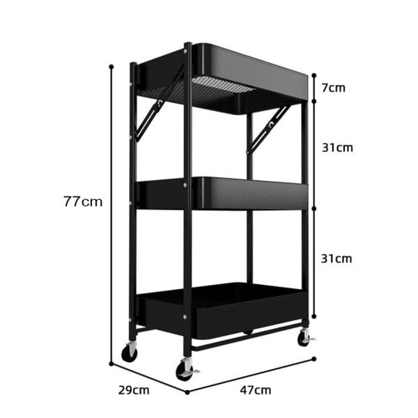 SOGA 3 Tier Steel Black Foldable Kitchen Cart Multi-Functional Shelves Portable Storage Organizer with Wheels - Image 2