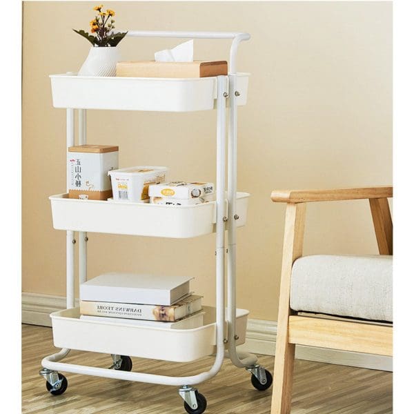 SOGA 3 Tier Steel White Movable Kitchen Cart Multi-Functional Shelves Portable Storage Organizer with Wheels - Image 3