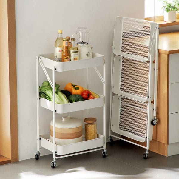 SOGA 3 Tier Steel White Foldable Kitchen Cart Multi-Functional Shelves Portable Storage Organizer with Wheels - Image 3