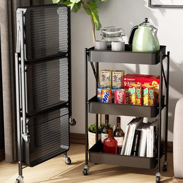 SOGA 3 Tier Steel Black Foldable Kitchen Cart Multi-Functional Shelves Portable Storage Organizer with Wheels - Image 3