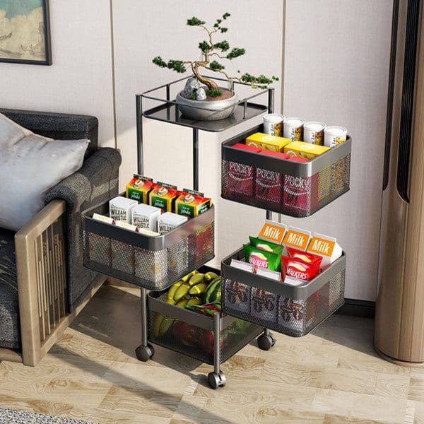 SOGA 4 Tier Steel Square Rotating Kitchen Cart Multi-Functional Shelves Portable Storage Organizer with Wheels - Image 4