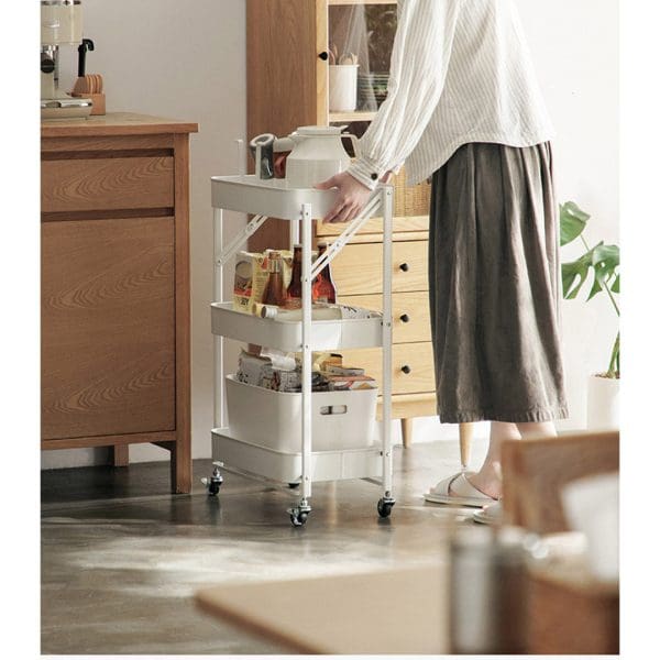 SOGA 3 Tier Steel White Foldable Kitchen Cart Multi-Functional Shelves Portable Storage Organizer with Wheels - Image 4