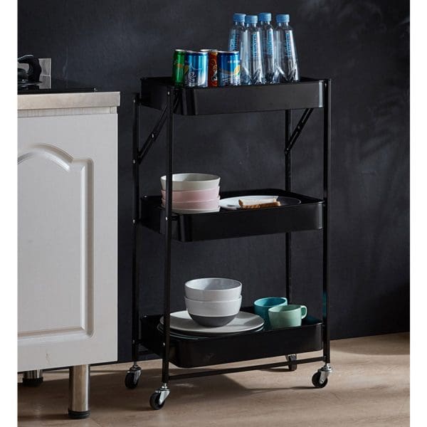 SOGA 3 Tier Steel Black Foldable Kitchen Cart Multi-Functional Shelves Portable Storage Organizer with Wheels - Image 5