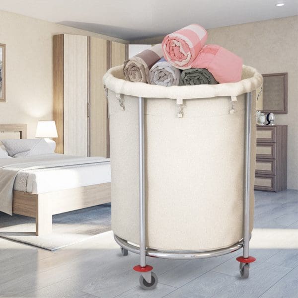 SOGA Stainless Steel Commercial Round Soiled Linen Laundry Trolley Cart with Wheels White - Image 5