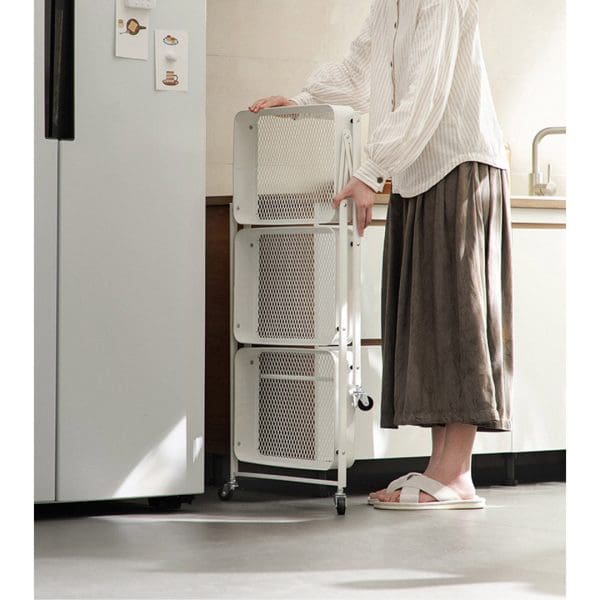 SOGA 3 Tier Steel White Foldable Kitchen Cart Multi-Functional Shelves Portable Storage Organizer with Wheels - Image 5