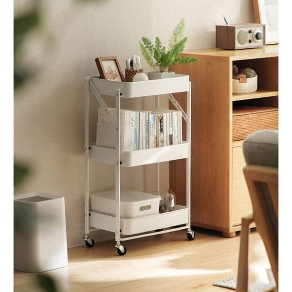 SOGA 3 Tier Steel White Foldable Kitchen Cart Multi-Functional Shelves Portable Storage Organizer with Wheels - Image 6