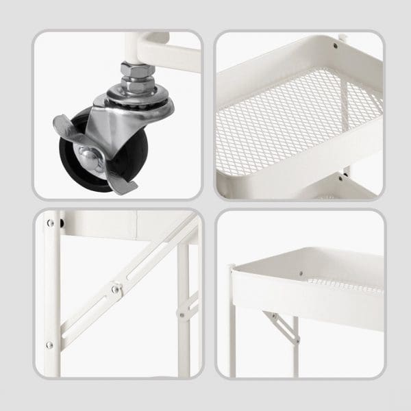 SOGA 3 Tier Steel White Foldable Kitchen Cart Multi-Functional Shelves Portable Storage Organizer with Wheels - Image 8