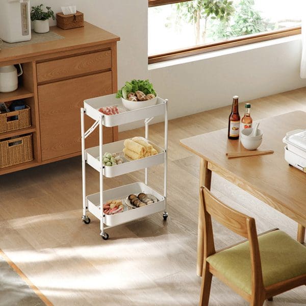 SOGA 3 Tier Steel White Foldable Kitchen Cart Multi-Functional Shelves Portable Storage Organizer with Wheels - Image 9