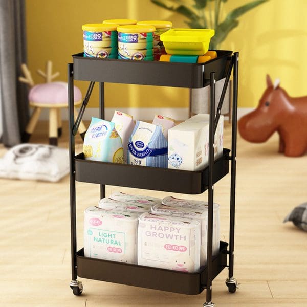 SOGA 3 Tier Steel Black Foldable Kitchen Cart Multi-Functional Shelves Portable Storage Organizer with Wheels - Image 10