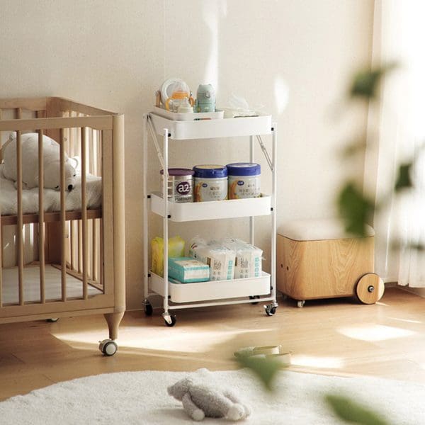SOGA 3 Tier Steel White Foldable Kitchen Cart Multi-Functional Shelves Portable Storage Organizer with Wheels - Image 10