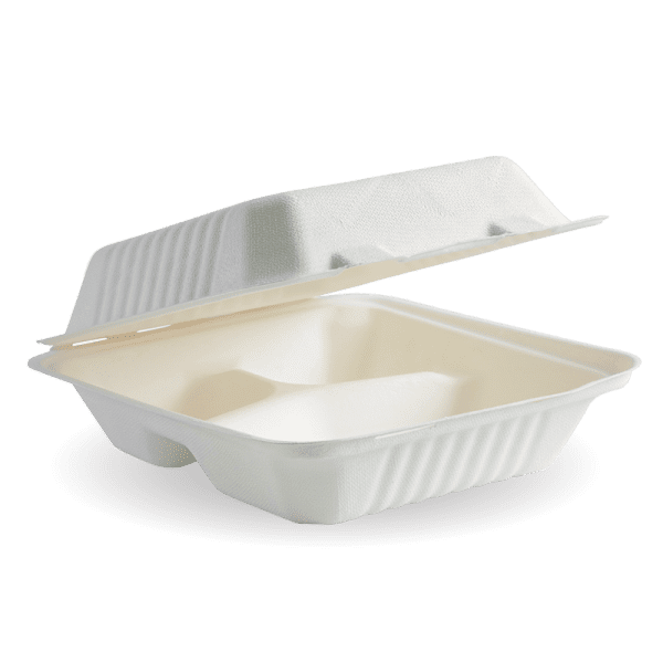 Biopak BioCane 3-Compartment Clamshell White 20x22x8cm 7.8x8 200pcs