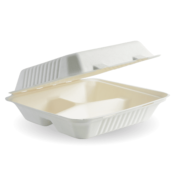 Biopak BioCane 3-Compartment Clamshell White 23x23x8cm 9x9" 200pcs