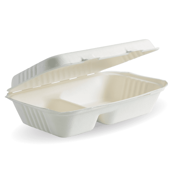 Biopak BioCane 2-Compartment Clamshell White 23x15x8cm 9x6" 250pcs