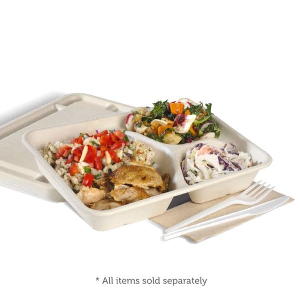 Biopak Biocane 3 Compartment Takeaway Base Natural 1150ml 26oz 500pcs - Image 2