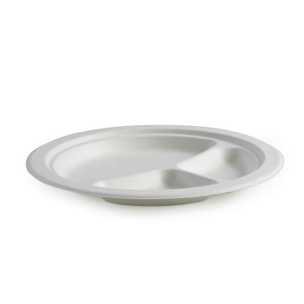 Biopak BioCane  3-Compartment Round Plate White 23cm 9" 500pcs - Image 2