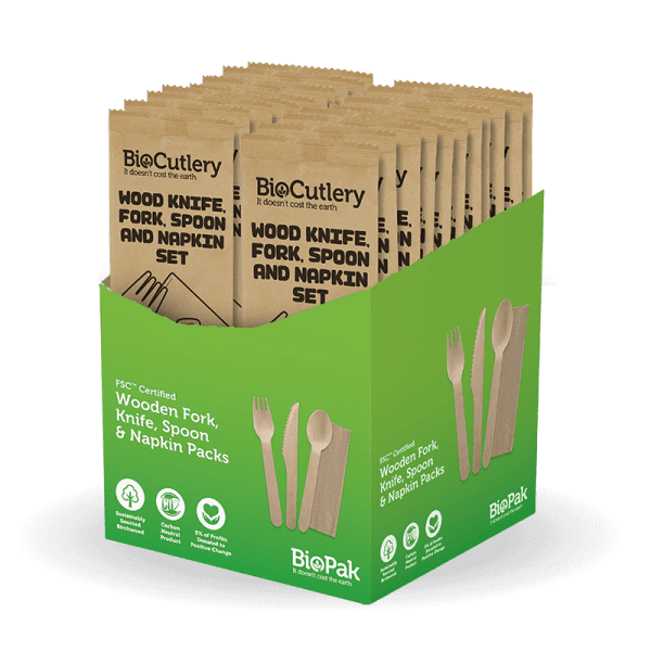 Biopak 16cm Coated Wood Knife, Fork, Spoon & Napkin Set 280pcs