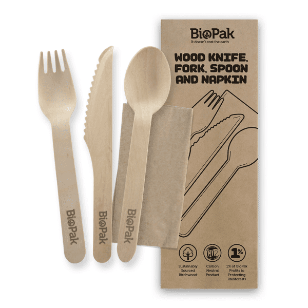 Biopak 16cm Coated Wood Knife, Fork, Spoon & Napkin Set 280pcs - Image 2