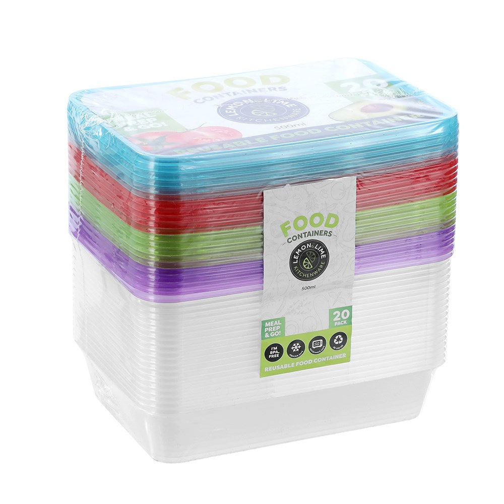 19198 (Lemon & Lime Reusable Rectangle Containers 500ml Coloured Lids 20 Pack)