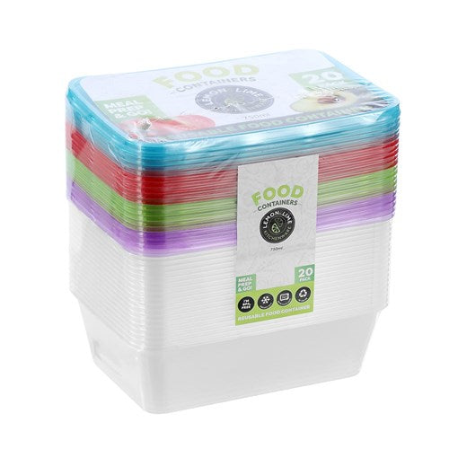 19204 (Lemon & Lime Reusable Rectangle Containers 750ml Coloured Lids 20 Pack)