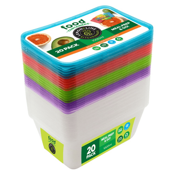 68809 (Lemon & Lime Reusable Rectangle Containers 1000ml Coloured Lids 20 Pack)