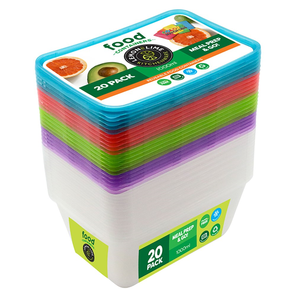 68809 (Lemon & Lime Reusable Rectangle Containers 1000ml Coloured Lids 20 Pack)