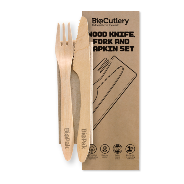 HY-19KFN-COATED (Biopak 19cm Coated Wood Knife, Fork & Napkin Set 400pcs)