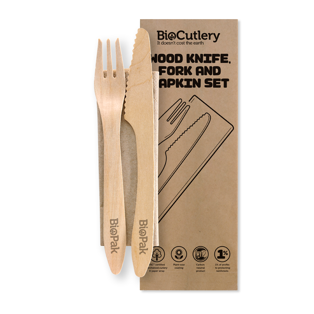 HY-19KFN-COATED (Biopak 19cm Coated Wood Knife, Fork & Napkin Set 400pcs)