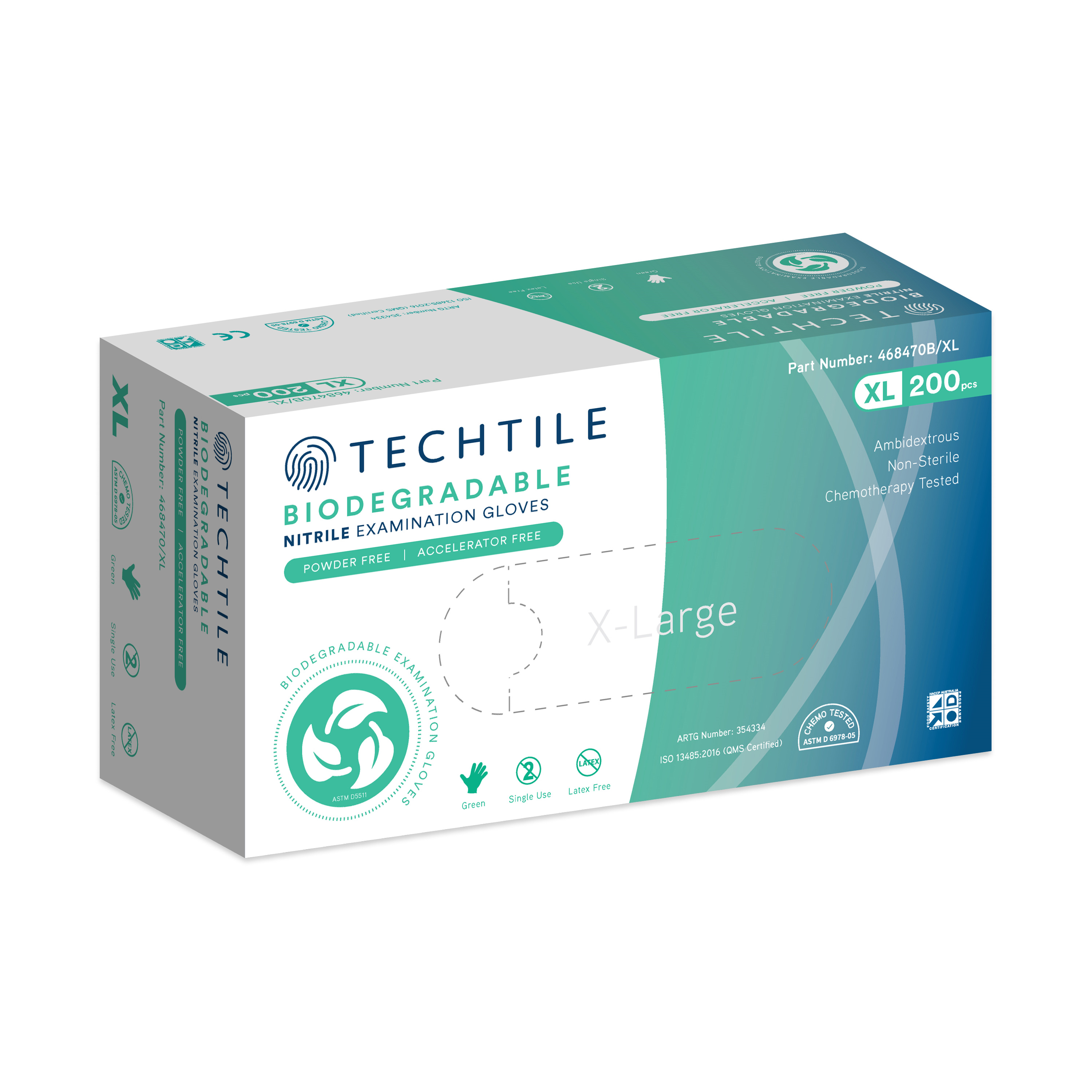 468470BXL (Techtile Biodegradable Examination Nitrile Gloves Powder Free Blue Extra Large)