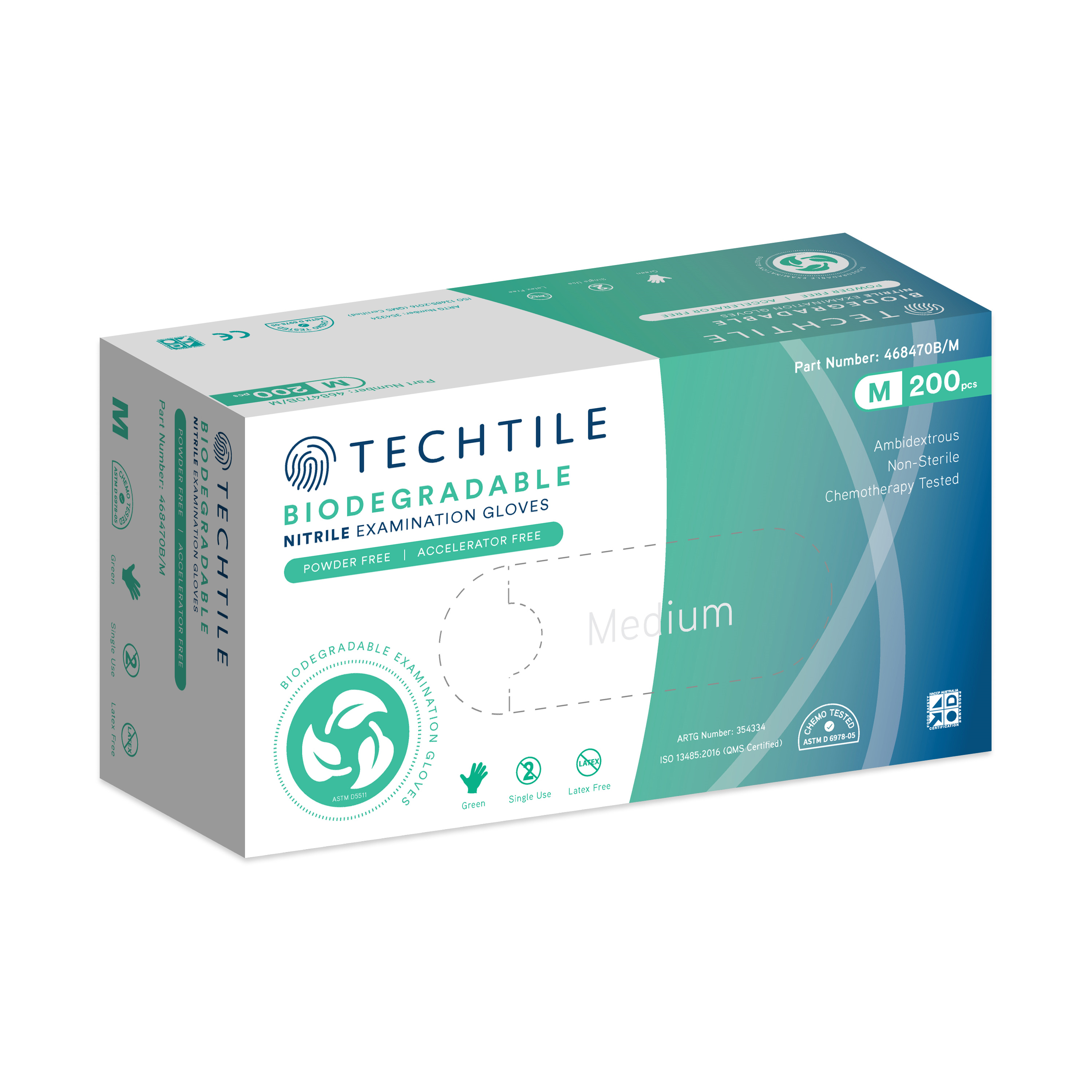 468470B-M (Techtile Biodegradable Examination Nitrile Gloves Powder Free Blue Medium)